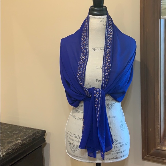 Accessories - Polyester Rhinestone Royal Blue Scarf Shawl Hijab